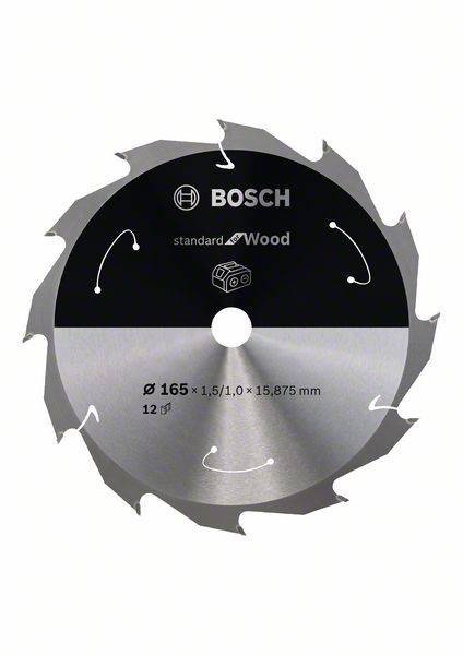 List pile Bosch marke, 'Standard for Wood', promjer 165 mm, 12 zubi, pogodan za rezanje drva.