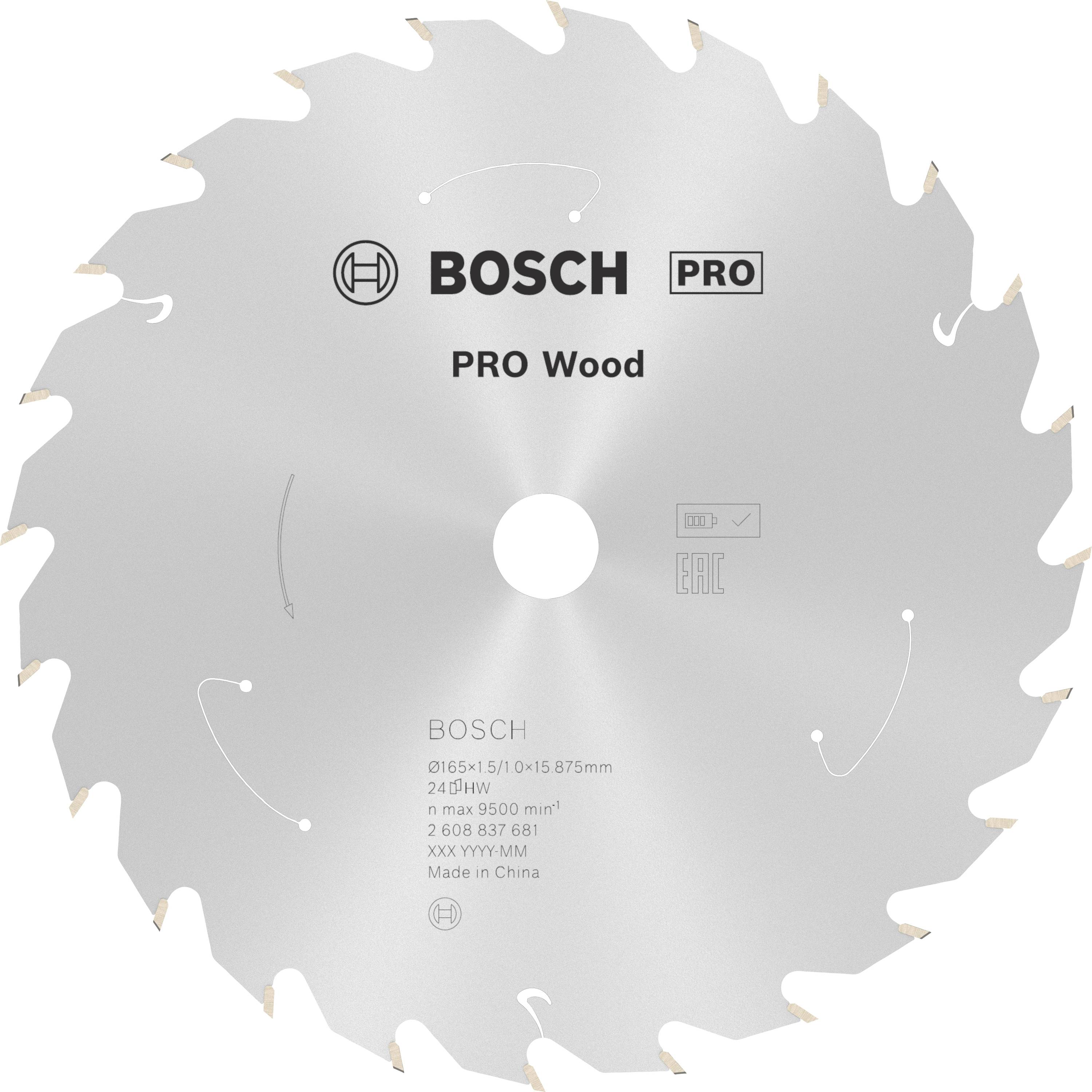 List pile za kružnu pilu, srebrne boje, s Bosch logotipom. Oznaka 'PRO Wood', pogodan za radove s drvetom.