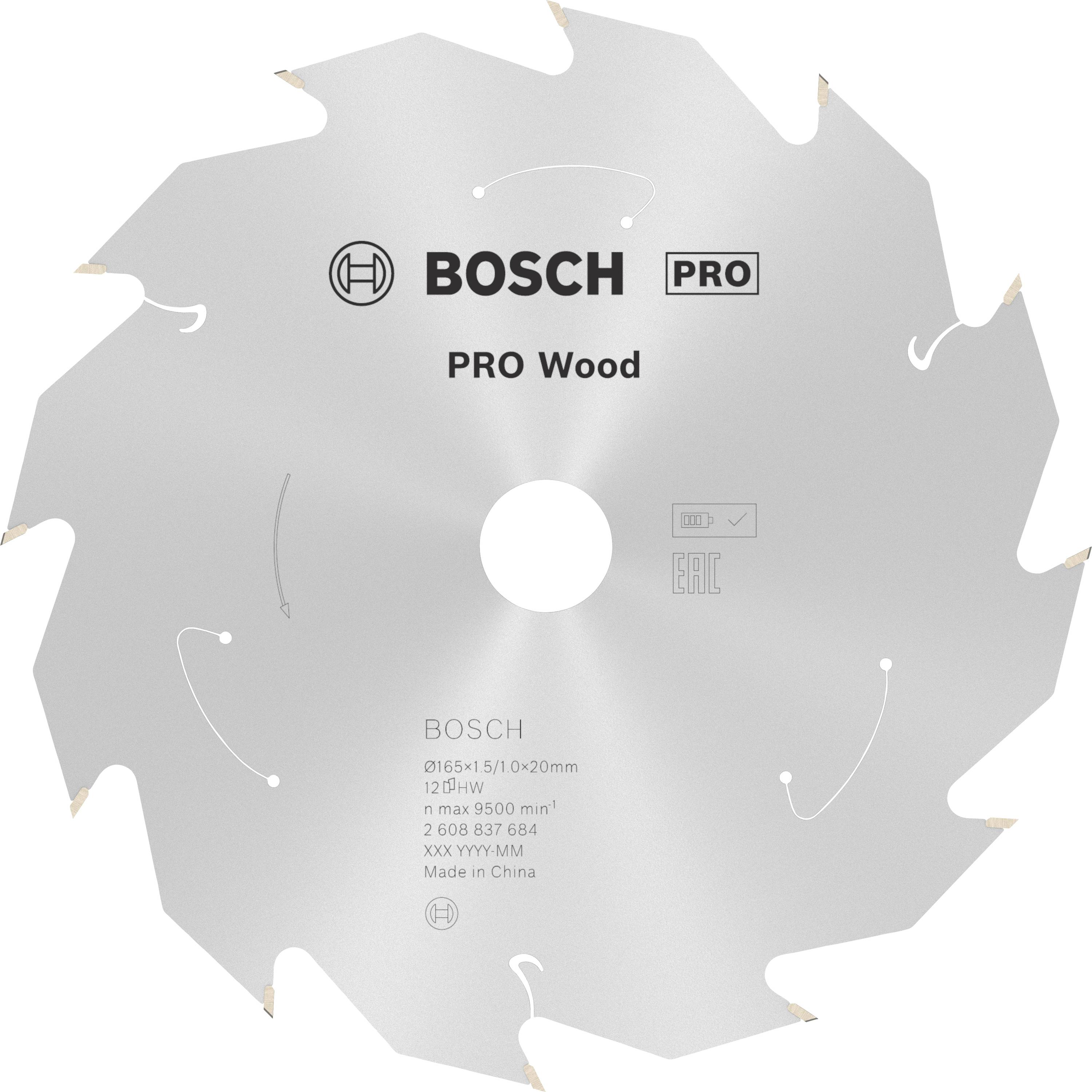 List pile za kružnu pilu 'BOSCH PRO Wood', promjera 165 mm, provrta 20 mm, za rezanje drva. Dizajniran za preciznost i učinkovitost.