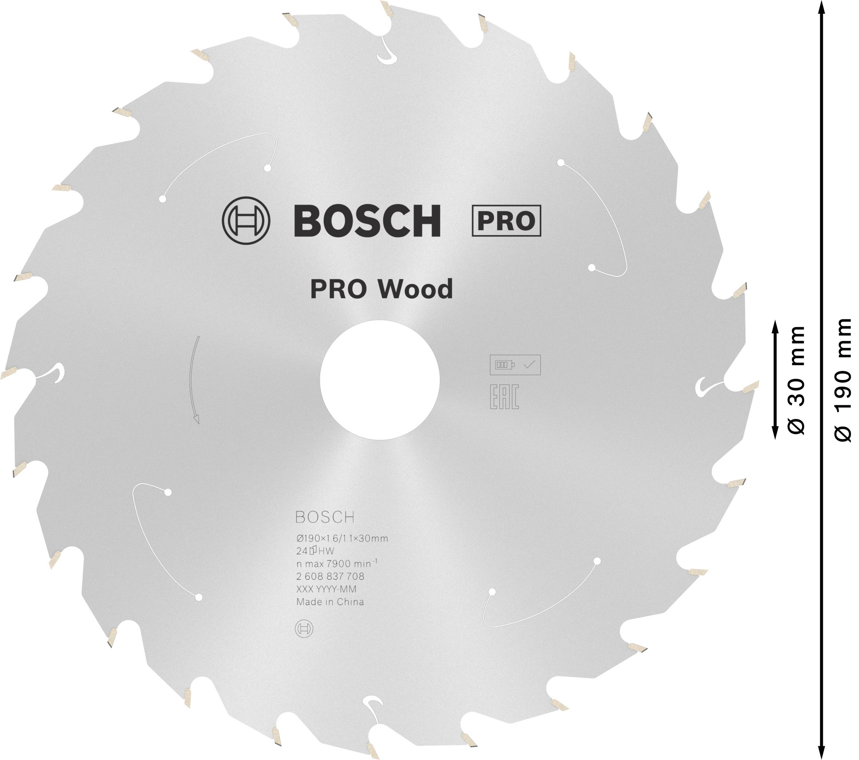 Srebrno pilsko pješćice Bosch s natpisom 'PRO Wood'. Promjer: 190 mm, provrta: 30 mm, pogodan za radove na drvu.