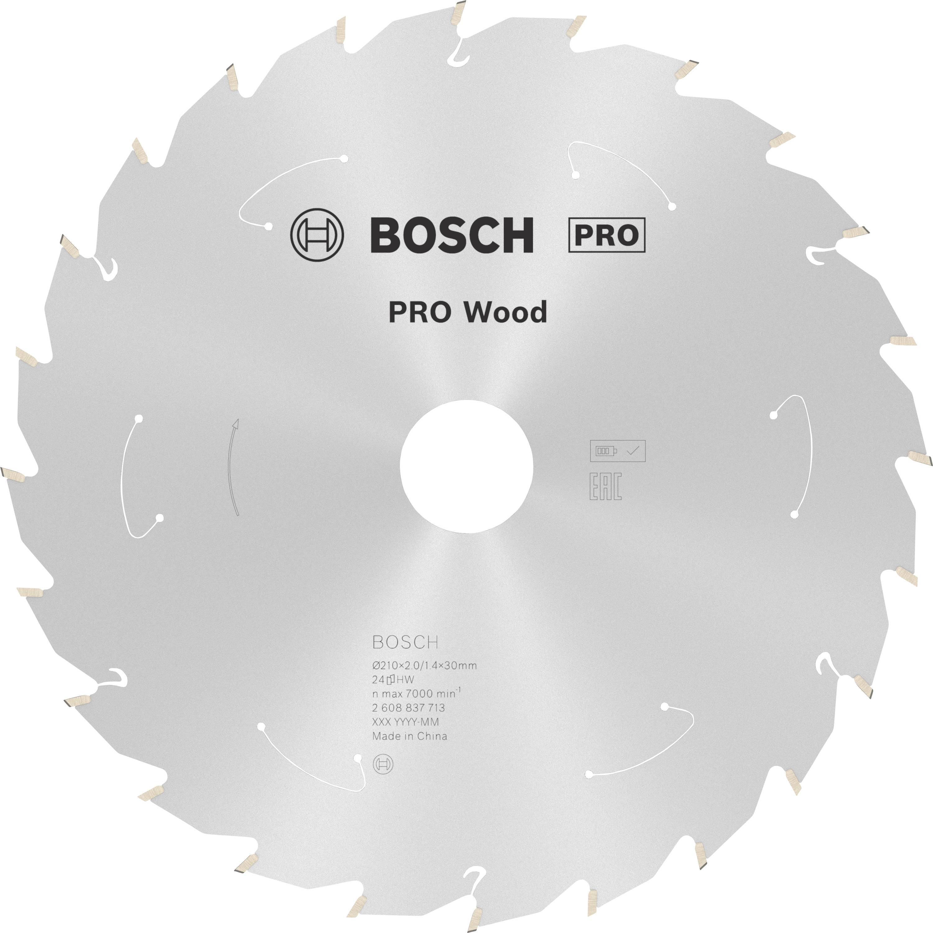 Kružna pila Bosch s natpisom 'PRO Wood' i tehničkim specifikacijama. Pogodan za rezanje drvnih materijala.