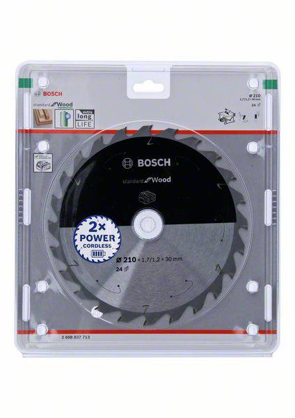 List pile za drvo, Bosch Standard, promjer 210 mm, 24 zuba. Pakiranju prikazuje prednosti proizvoda i namjenu.