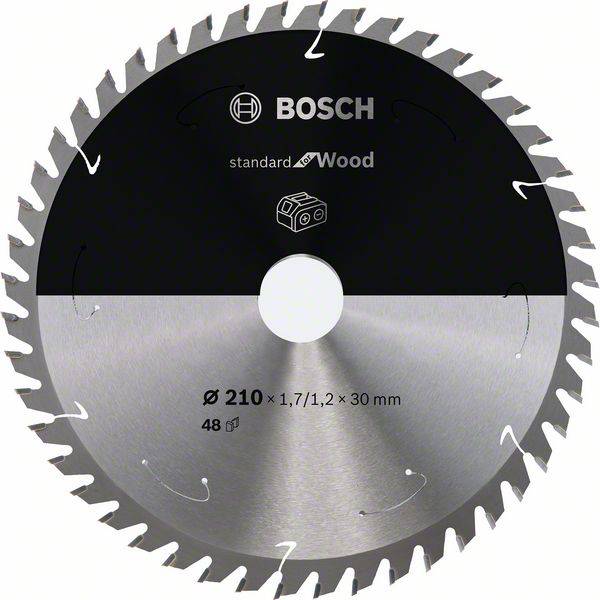 Boschov list kružne pile, pogodan za drvo, promjera 210 mm. Sadrži 48 zuba, optimiziran za precizne rezove.