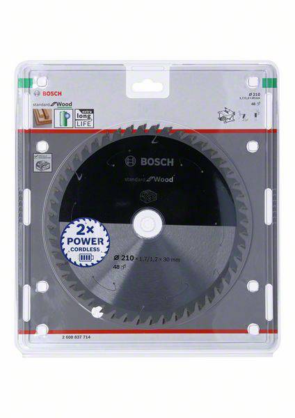 Bosch-list kružne pile 'Standard za drvo', promjer 210 mm, dugotrajne izdržljivosti, u transparentnoj ambalaži s crvenim naglaskom.