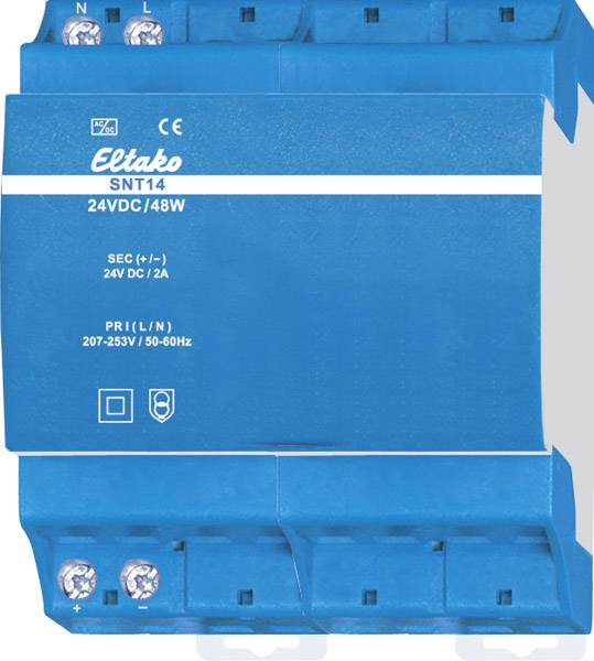 Električki preklopni napajač 'Eltako SNT14' plavog kućišta, prikazuje specifikacije: 24VDC/48W i 24V DC/2A, pogodan za 207-253V/50-60Hz.