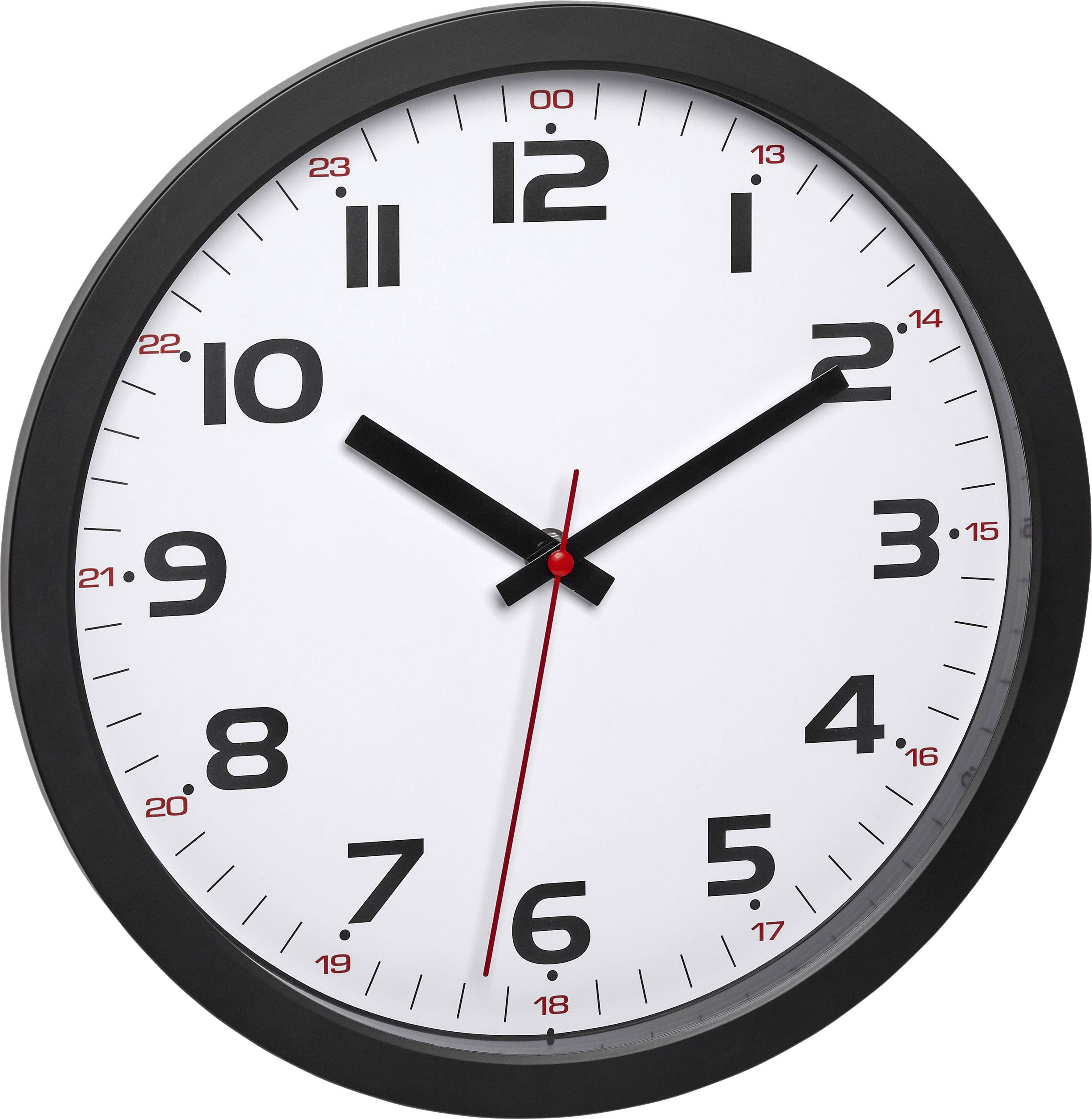 Analogni zidni sat s crnim okvirom pokazuje vrijeme 10:10. Ima bijelu brojčanicu s crnim i crvenim brojevima.