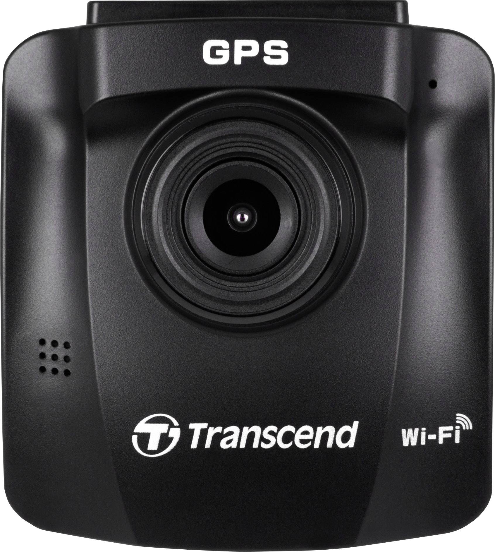 Transcendova nadzorna kamera za automobil s GPS-om i Wi-Fi funkcionalošću, pogled sprijeda, crne boje, cilindričnog objektiva u sredini.