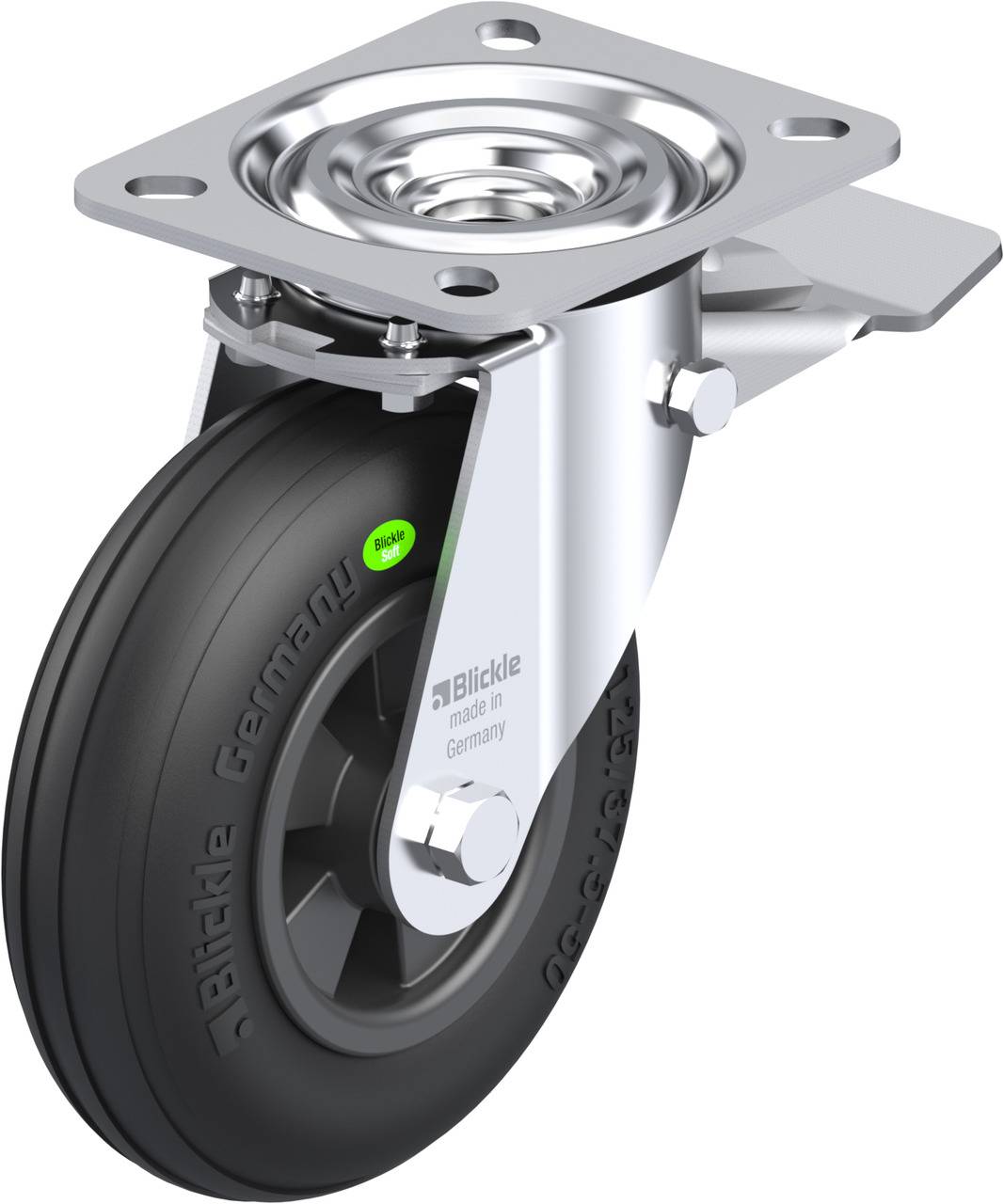 Okretni kotač s crnim kotačem, srebrnim kućištem i montažnom pločom, pogodan za uporabu u industriji ili namještaju.
