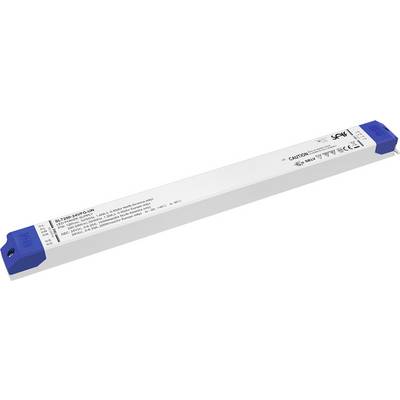 LED-upravljač za rasvjetu, pravokutnog oblika, s plavim završnim poklopcima. Natpis sadrži tehničke specifikacije i sigurnosne oznake.