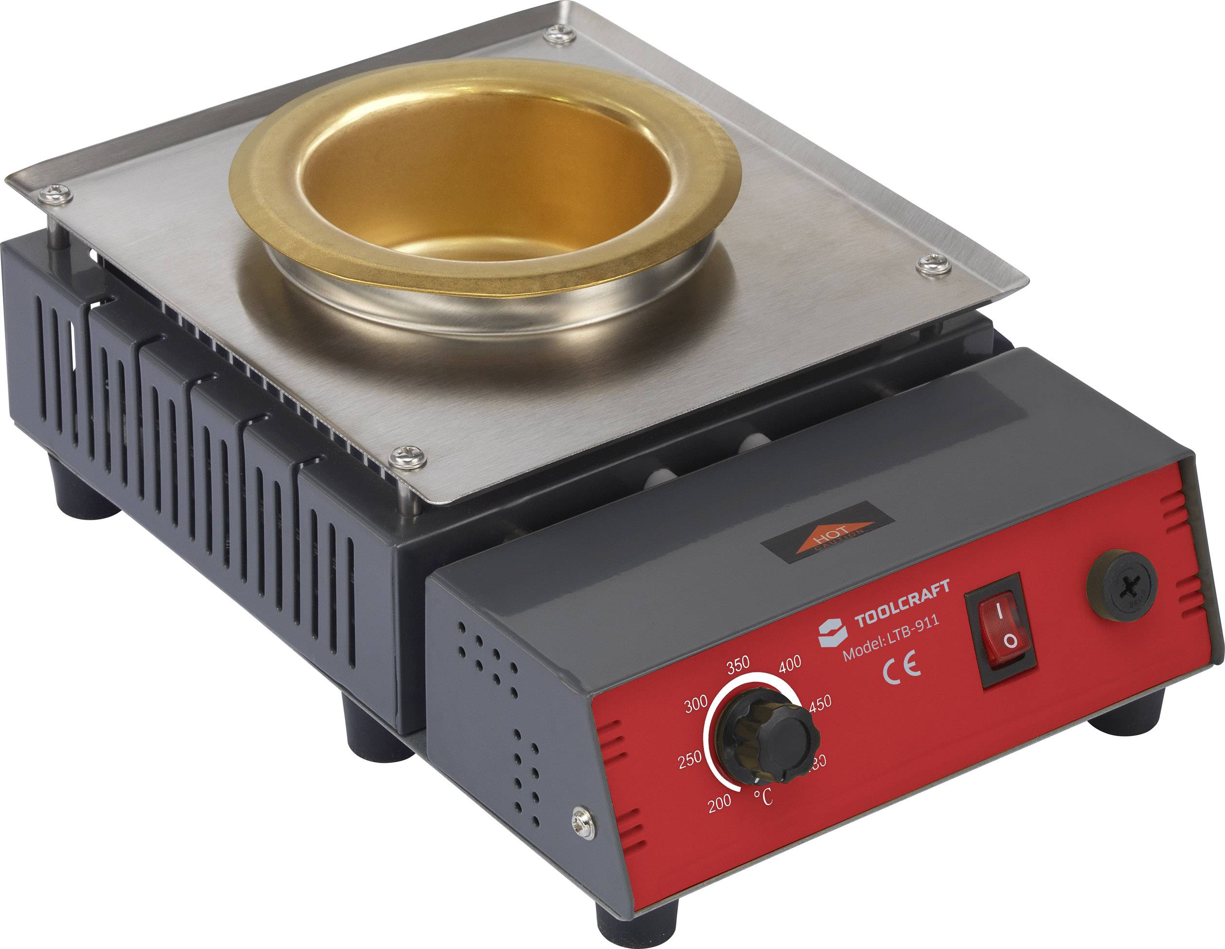 Zlatni talionički lonac s regulatorom temperature, idealan za taljenje ili lijevanje metala. Crvena upravljačka ploča sa skalom i prekidačem za uključivanje/isključivanje.