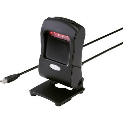 Skener s USB priključkom koji pokazuje crvene svjetlosne indikatore stoji na stolu. Služi za skeniranje barkodova.