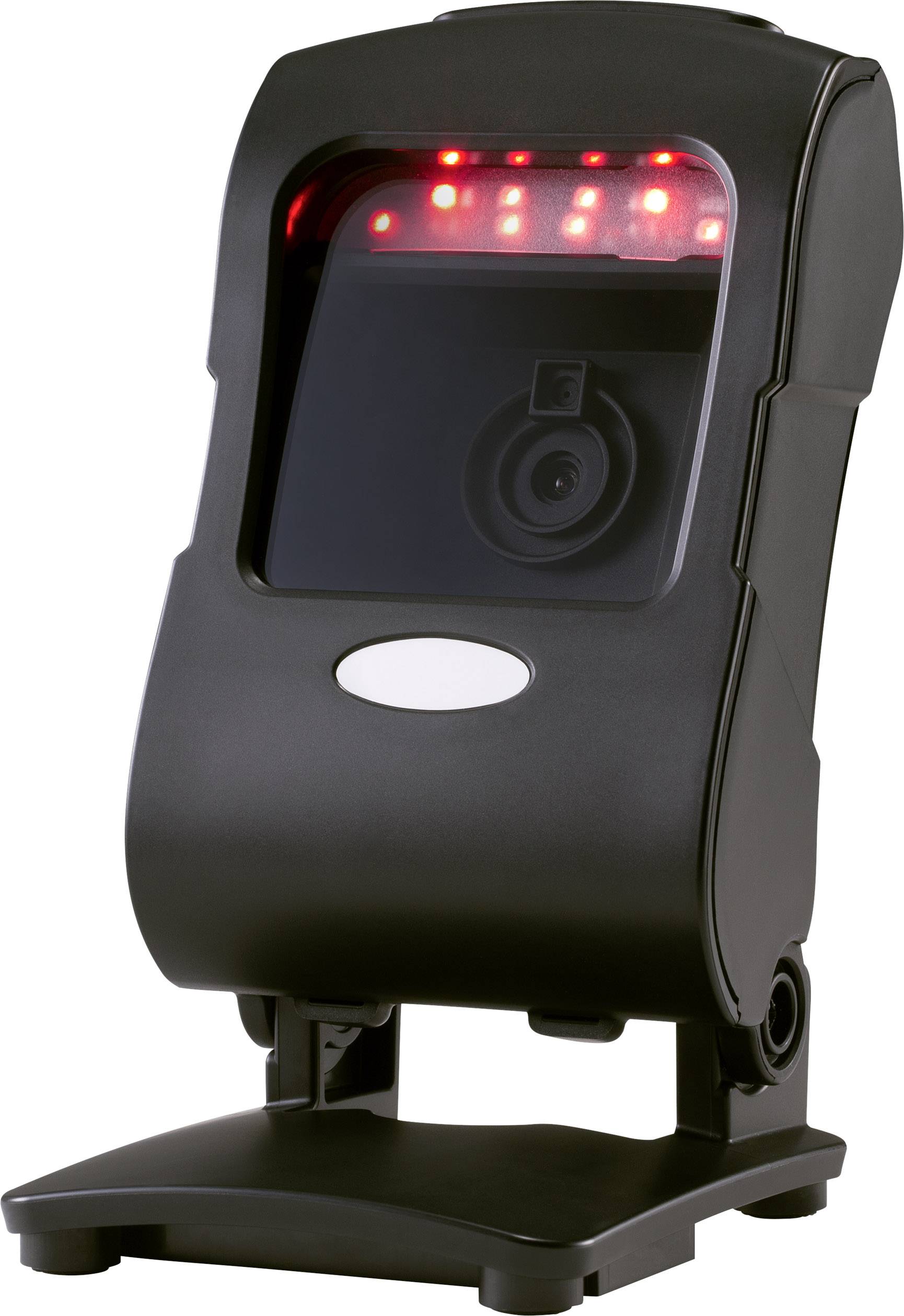 Crni skener s crvenom LED svjetlošću, pogodan za očitavanje barkodova u trgovinama ili skladišnim prostorima za automatiziranu obradu podataka.