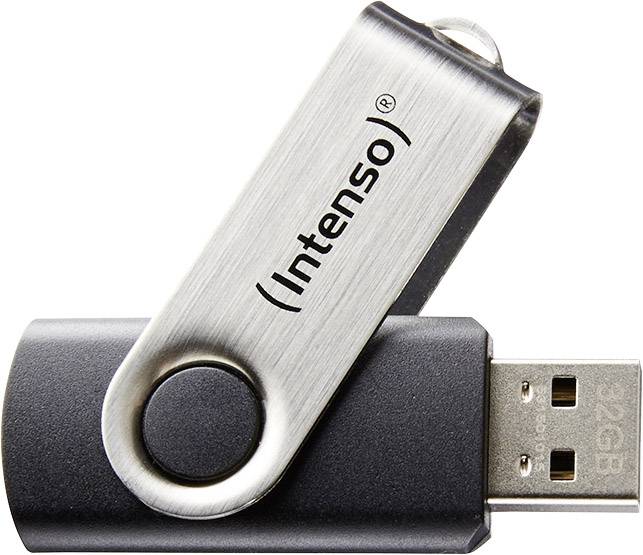 USB stick s mehanizmom za zakretanje i logom 'Intenso', pohranuje 32 GB podataka. Srebrni i crni dio kućišta.