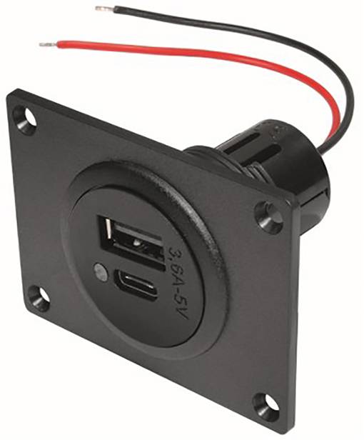 Crni USB modul s USB-A i USB-C utičnicama, crveno-crni vodovi za napajanje. Pogodan za ugradnju.