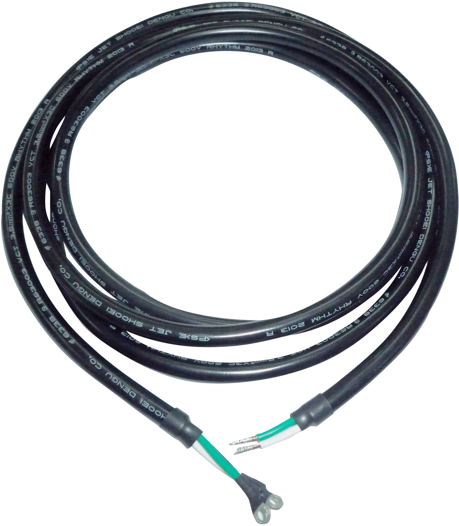 Crni, spiralni kabel s izloženim krajevima, na čijoj izolaciji je otisnut tekst, prikazuje detalje tehničke specifikacije.