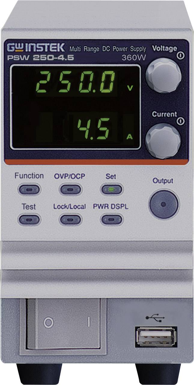 Slika prikazuje digitalno višezonsko istosmjerno napajanje s prikaznicima za napon (250 V) i struju (4,5 A), model PSW 250-4.5.
