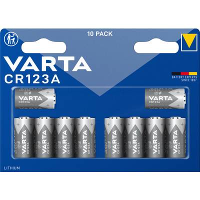 Paket od deset litij-baterija marke Varta CR123A, u plavoj ambalaži s logotipom brenda i natpisom 'Battery Experts Since 1887'.