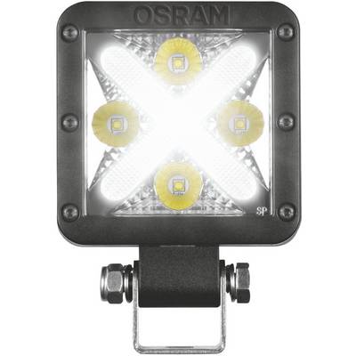 Kvadratni OSRAM LED radni reflektor sjajno svijetli, s četiri žute LED-ice raspoređene u obliku slova X, montirane na nosaču.