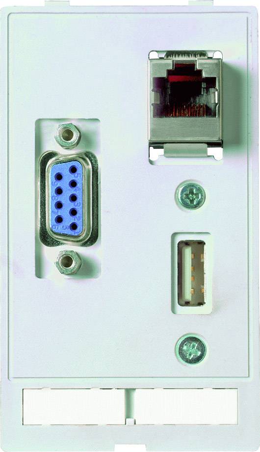 Zidni priključni panel s VGA priključkom (plavi), RJ45 mrežnim priključkom (gore) i USB priključkom (dolje).