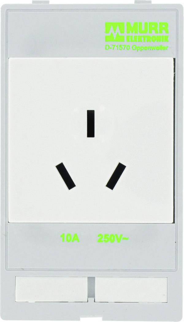 'Siva električna utičnica s tri koso postavljena otvora, zelenim logotipom gore desno i vrijednostima 10A 250V dolje.'