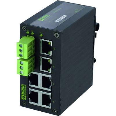 Industrijski Ethernet preklopnik s osam RJ45 priključaka i dva zelena vijčana priključka, crno kućište.