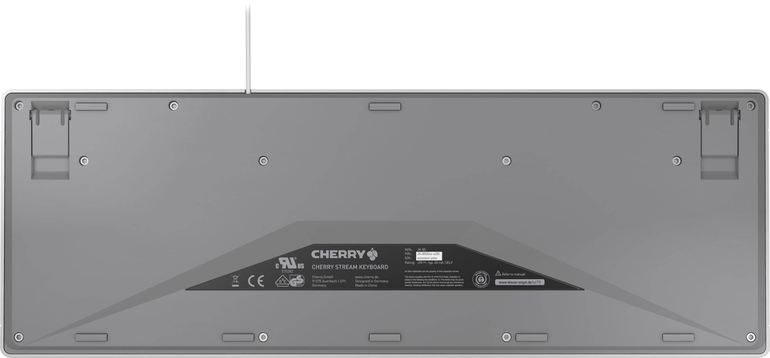 Stražnja strana tipkovnice s kabelom. Vidljiva su dva sklopiva postolja, logotip te tehnički podaci tvrtke 'Cherry'.