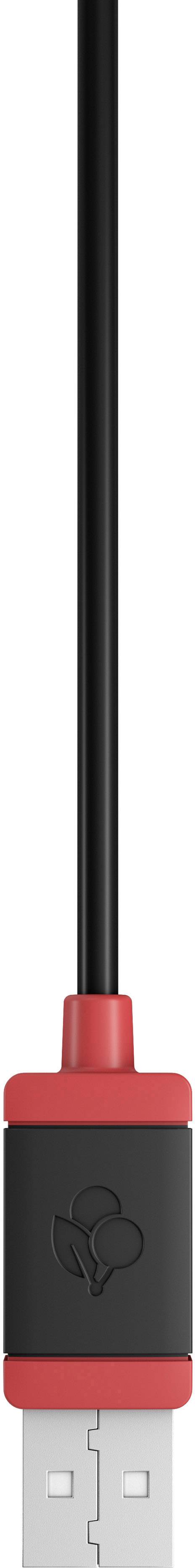 Crni USB punjač s crvenim rubom i simbolom srca na priključku.