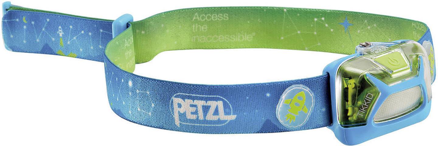 Čeona lampica 'PETZL' s plavo-zelenom trakom i natpisom 'Pristup nedostupnom'. Pogodna za outdoor aktivnosti tijekom noći.