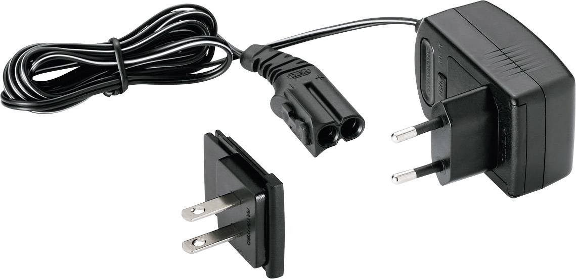 Crni mrežni adapter s dva izmjenjiva utikača: EU utikač i US utikač. Kabel s dvopolnim priključkom za uređaj.