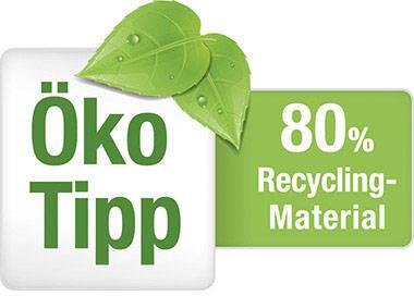 Ekološki savjet označen s dva zelena lista; 80% recikliranog materijala.
