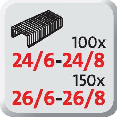'100x 24/6-24/8, 150x 26/6-26/8' veličine uredskih spajalica, prikazane na sivoj pozadini s naglašenim bojama veličina spajalica.
