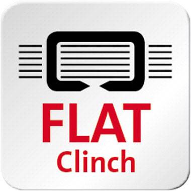 Logo sa prikazom uređaja za ravno spajalice i tekstom 'FLAT Clinch' ispod njega. Glavne boje su crna i crvena.