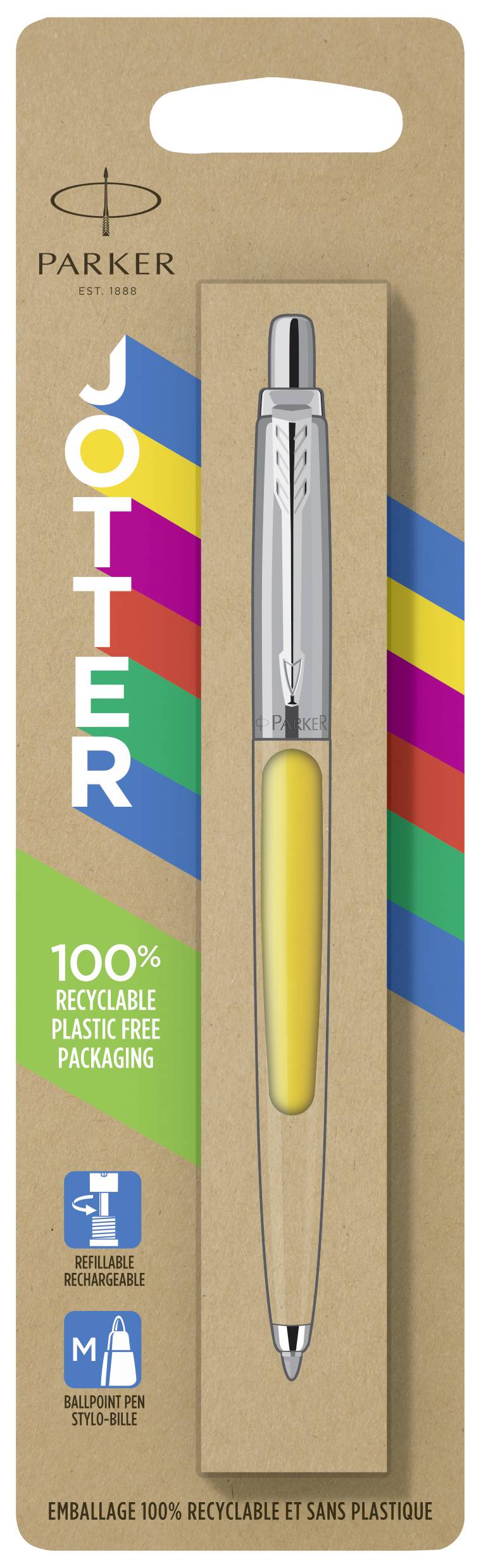 Parker Jotter kemijska olovka u reciklabilnoj, plastici slobodnoj ambalaži s dizajnom u više boja i žutom zona za hvatanje.