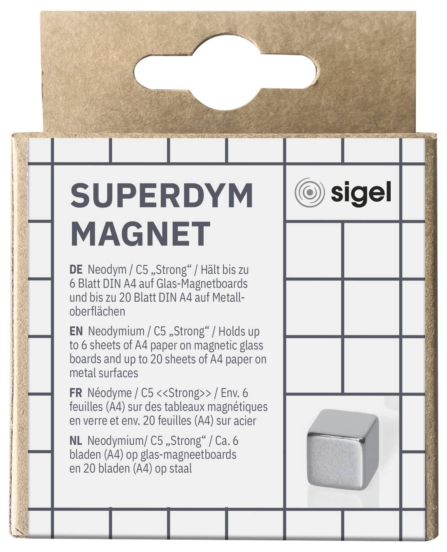 Paket magnetnih magneta Sigel 'SUPERDYM MAGNET' od neodima, označen na više jezika, sa malom sivom kubnom magnetom prikazanom na prednjoj strani.