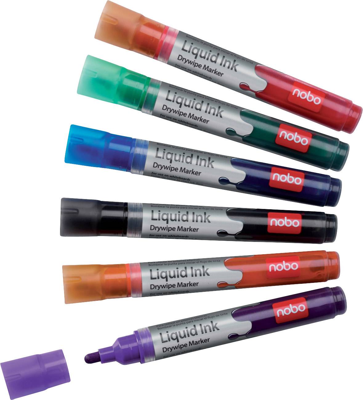 Šest obojenih flomastera s natpisom 'Liquid Ink Drywipe Marker'. Boje su zelena, crvena, plava, crna, narančasta i ljubičasta.
