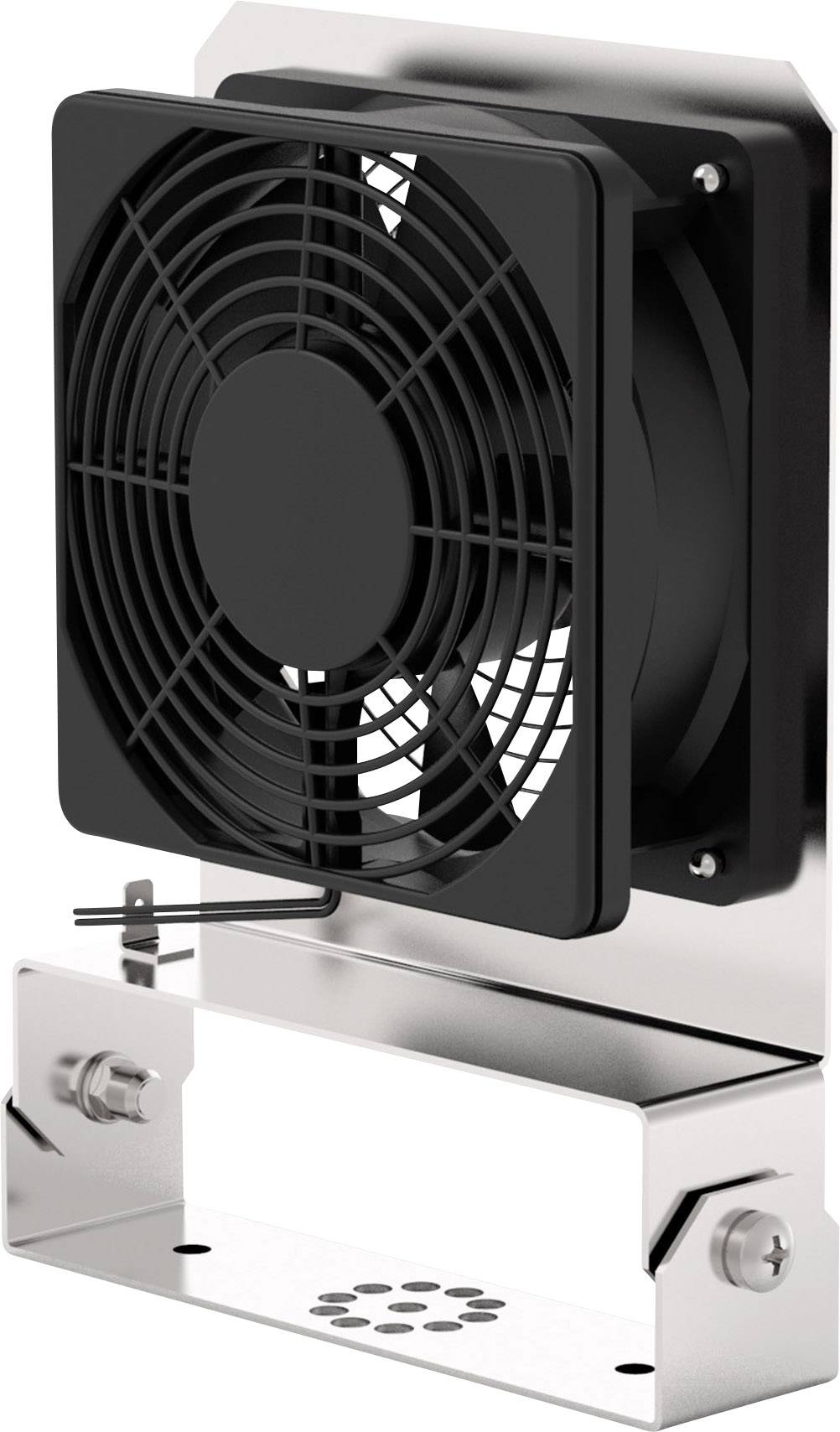 Crni ventilator montiran je na srebrnom metalnom nosaču. Ventilator ima zaštitnu rešetku i učvršćen je vijcima.
