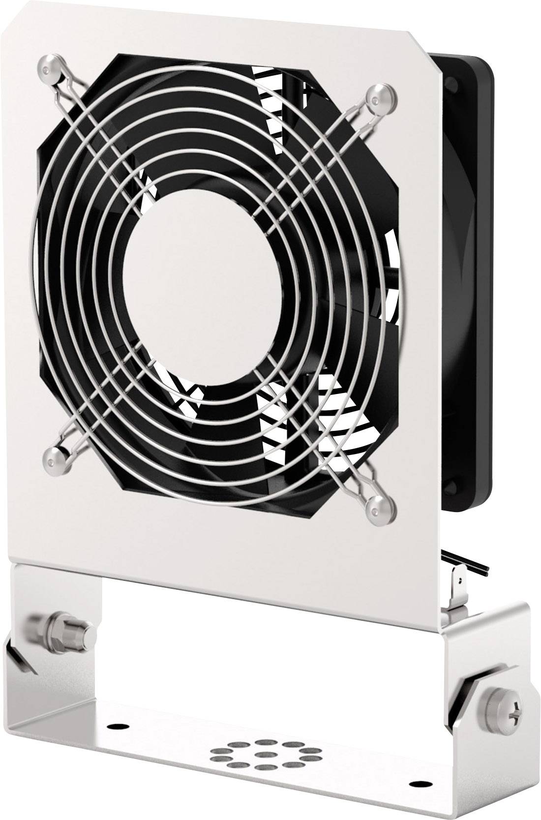 Metalni ventilator sa zaštitnom rešetkom, montiran na nosaču.