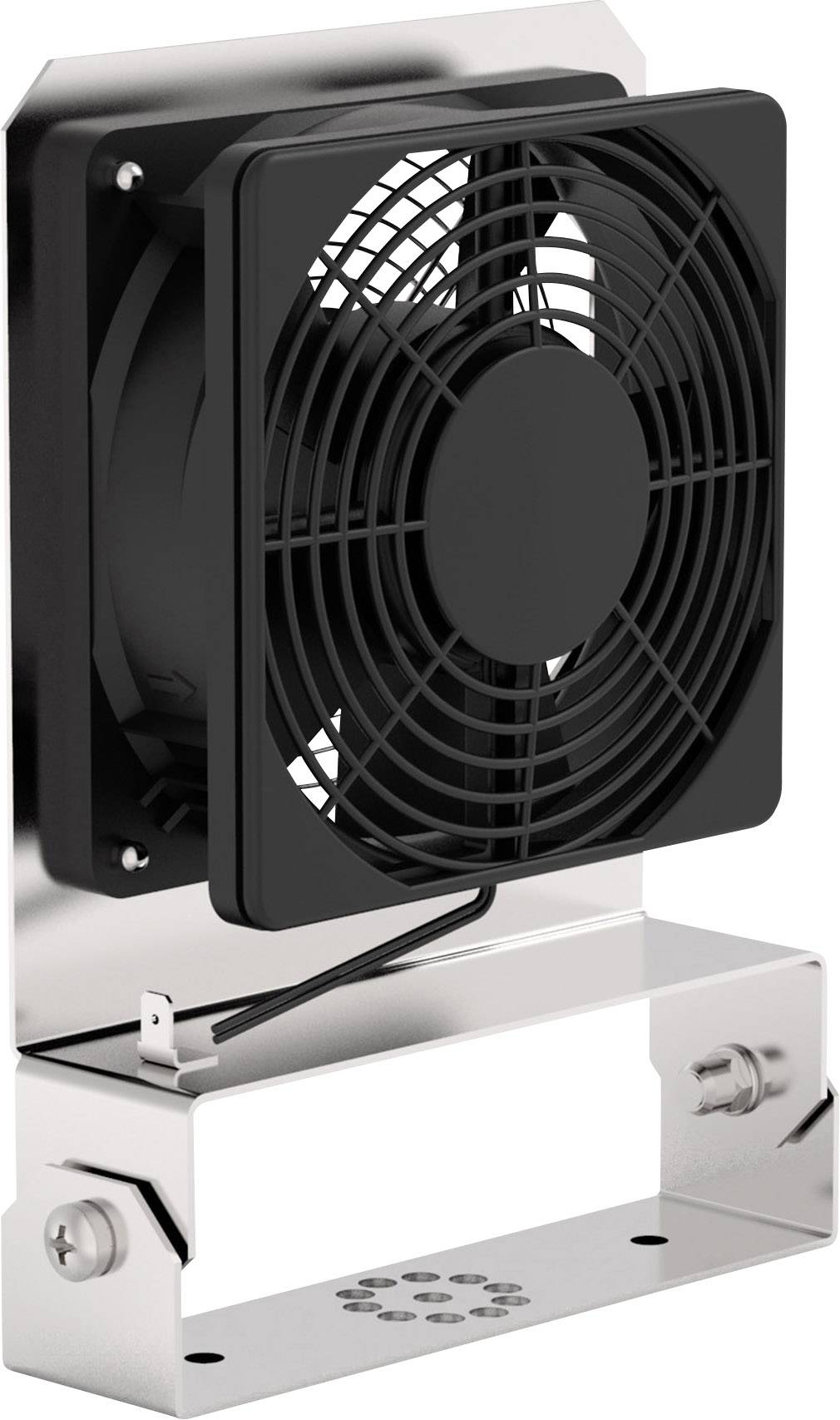Metalni okvir s postavljenim crnim ventilatorom za hlađenje. Ventilator je opremljen zaštitnom mrežicom.