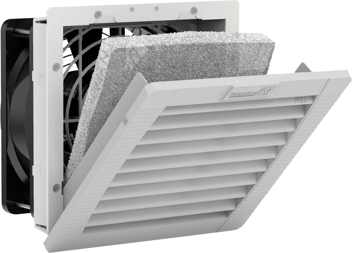 Kvadratna ventilacijska rešetka s uklonjivim slojevima filtra prikazana je otvorenom kako bi se otkrio ventilator i struktura filtra.