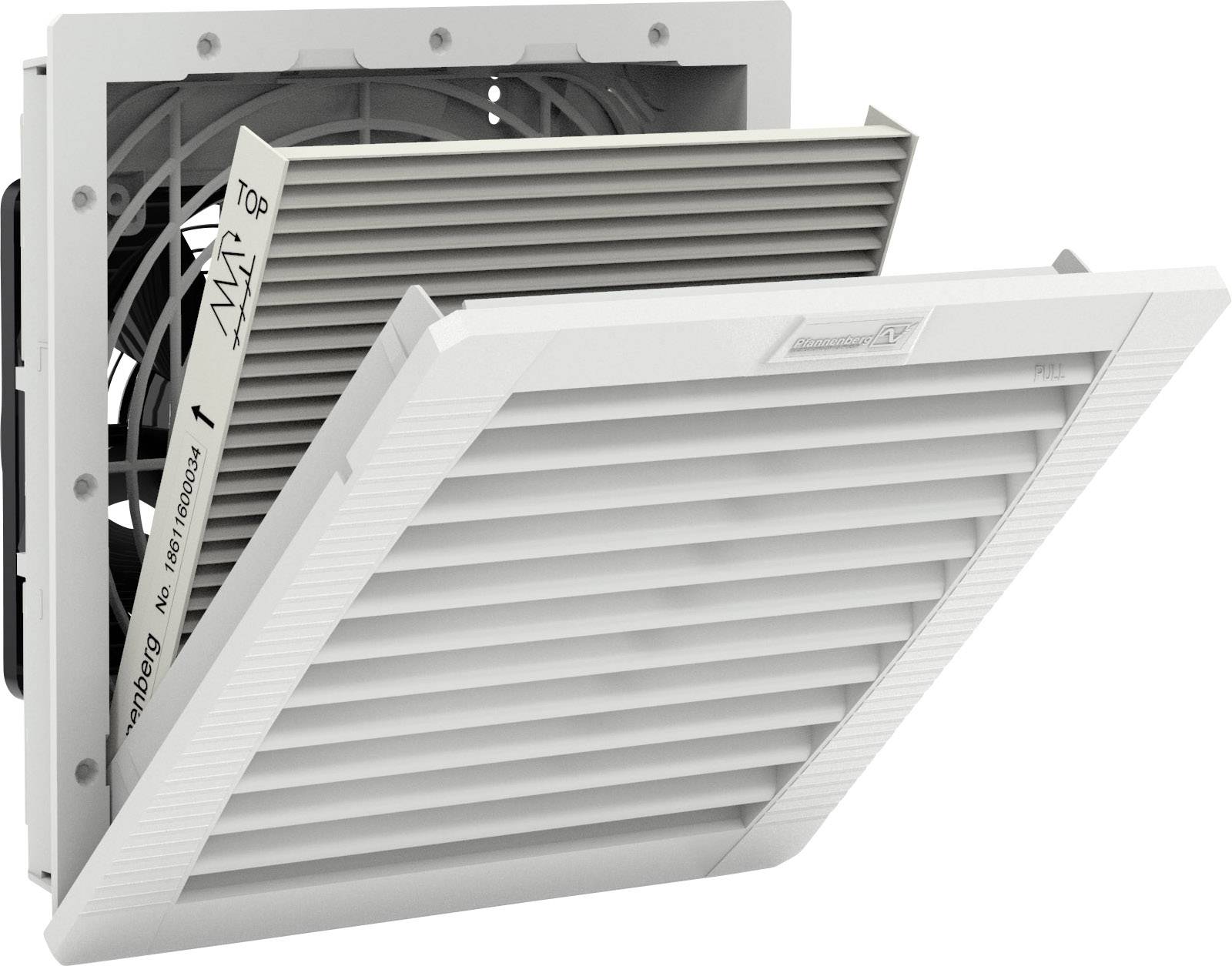 Kvadratni ventilator s rešetkastom zaštitnom mrežom i uklonjivim prednjim poklopcem, projektiran za ugradnju na zid ili strop.