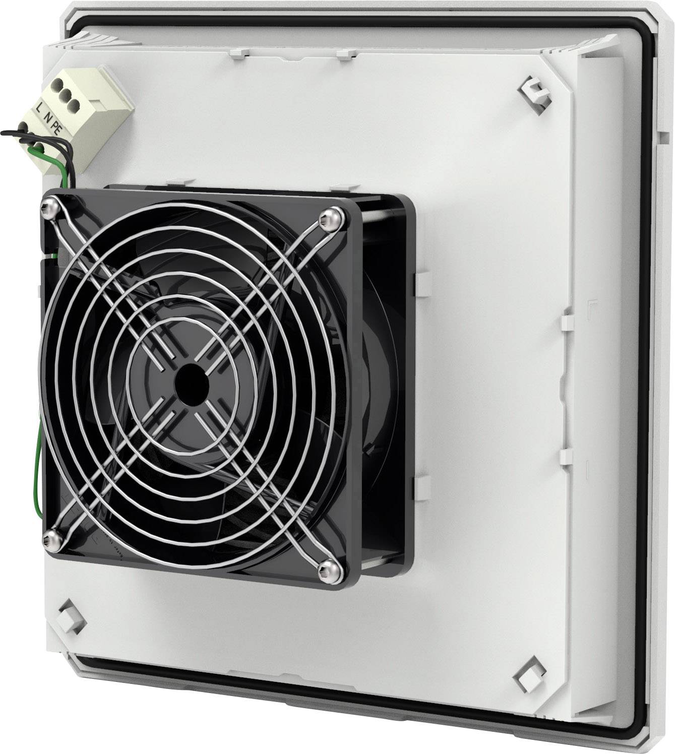 Kvadratni ventilator u bijelom kućištu, s crnom rešetkom i električnim priključkom gore lijevo. Pogodan za hlađenje.