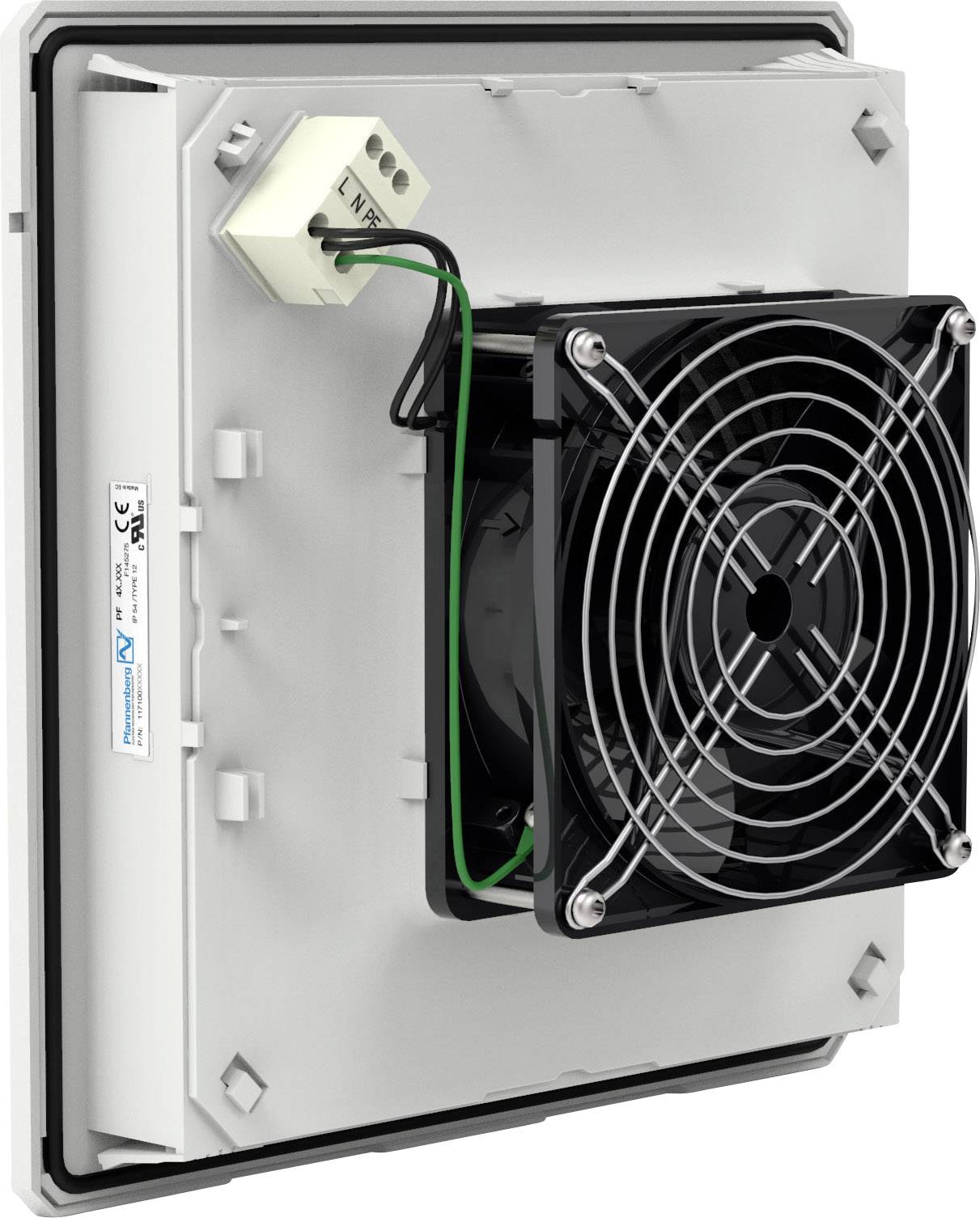 Crni ventilator montiran je na unutarnjoj strani sive, pravokutne poklopke kućišta s priključenim kabelom.