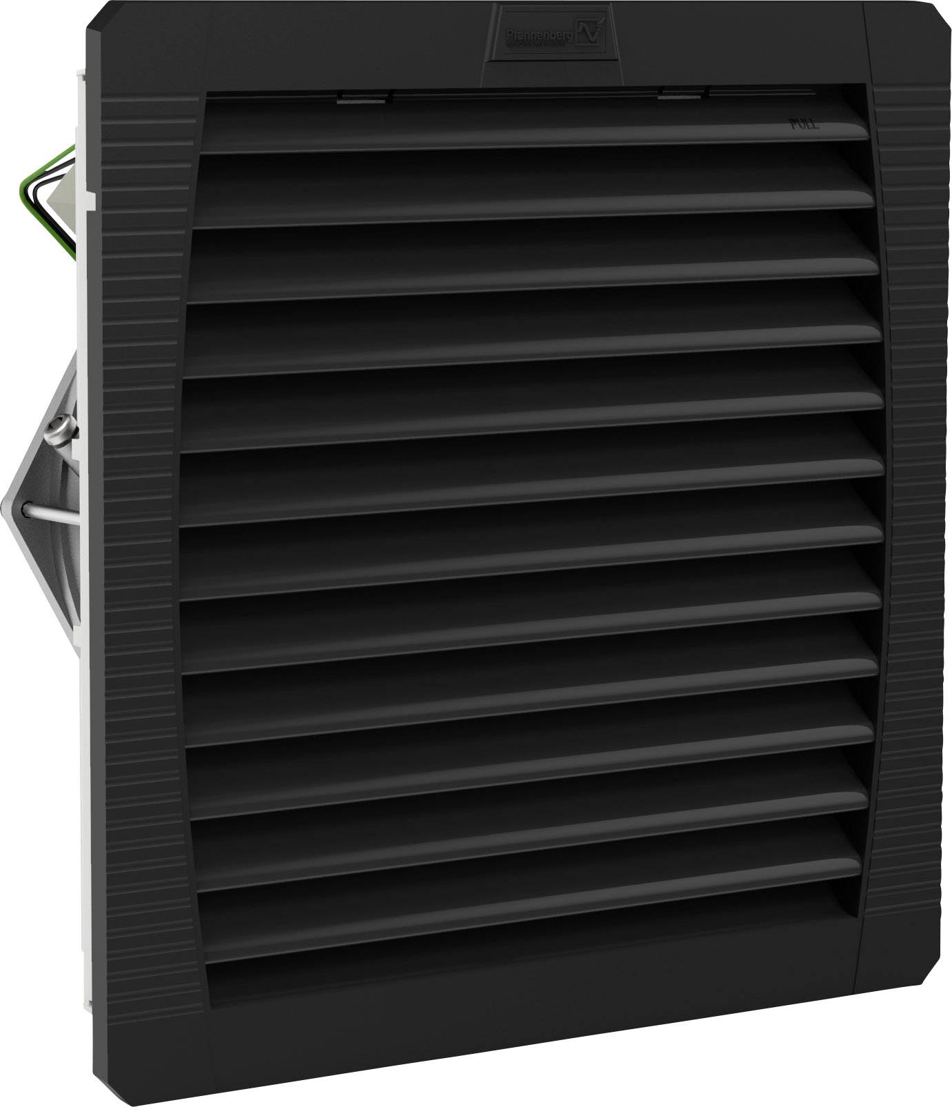 Crna ventilacijska rešetka s horizontalnim lamelama, ugrađena u zidni nosač, namijenjena prozračivanju ili hlađenju.