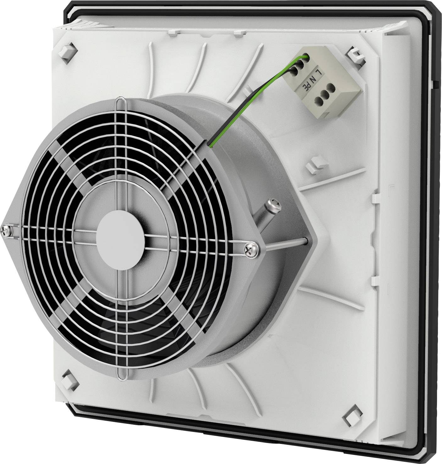 Električni ventilator u kvadratnom okviru, montiran na zidnoj ploči, s vidljivim kabelskim priključcima.