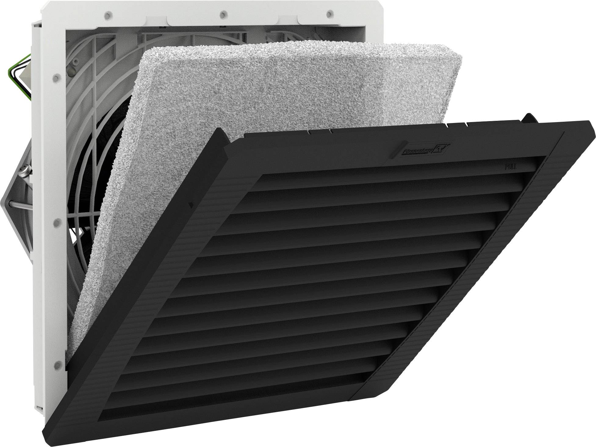 Crni ventilator s uklonjivim filterom, nosačem za montažu i ventilatorskim elementom. Ventilator služi hlađenju i filtriranju prašine.