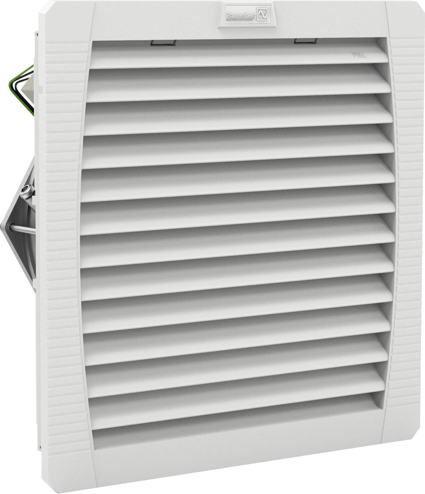 Sivo ventilacijski rešetka s horizontalnim lamelama, montirana na zid, namijenjena prozračivanju u tehničkim ili industrijskim okolinama.