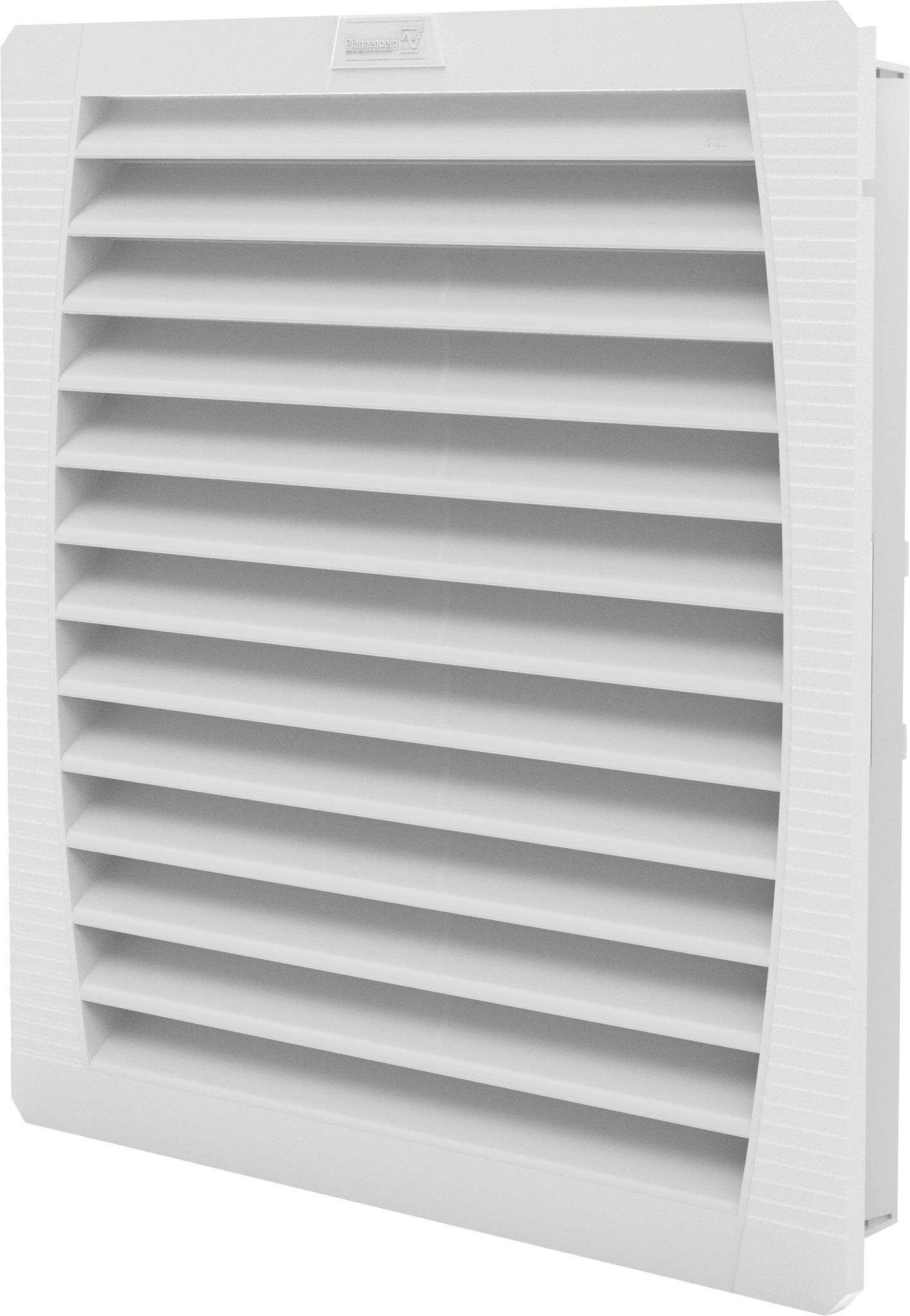 Sivo ventilacijski rešetkasti poklopac s horizontalnim lamelama, pravokutan i izrađen od plastike. Koristi se za prozračivanje prostorija.