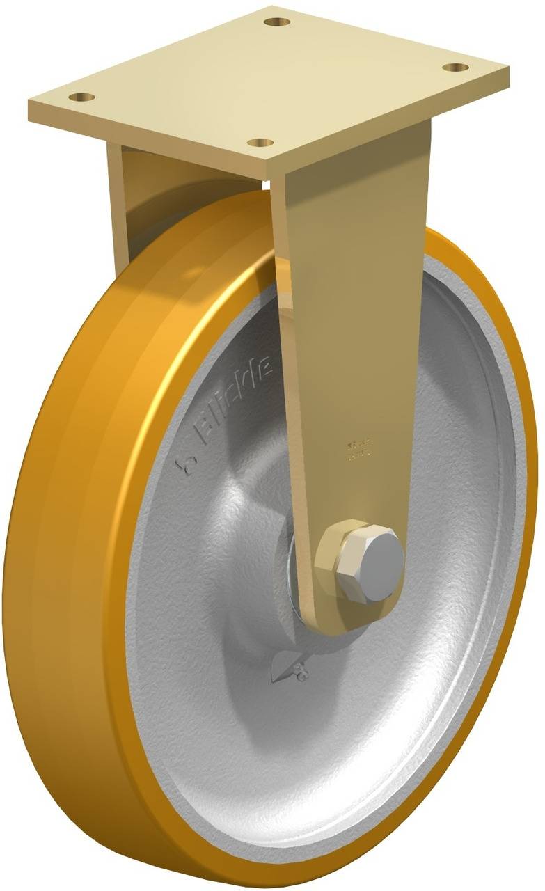 Teško metalno kolo s žutom gumenom gumom, pričvršćeno na pravokutni metalni nosač, namijenjeno industrijskim primjenama.