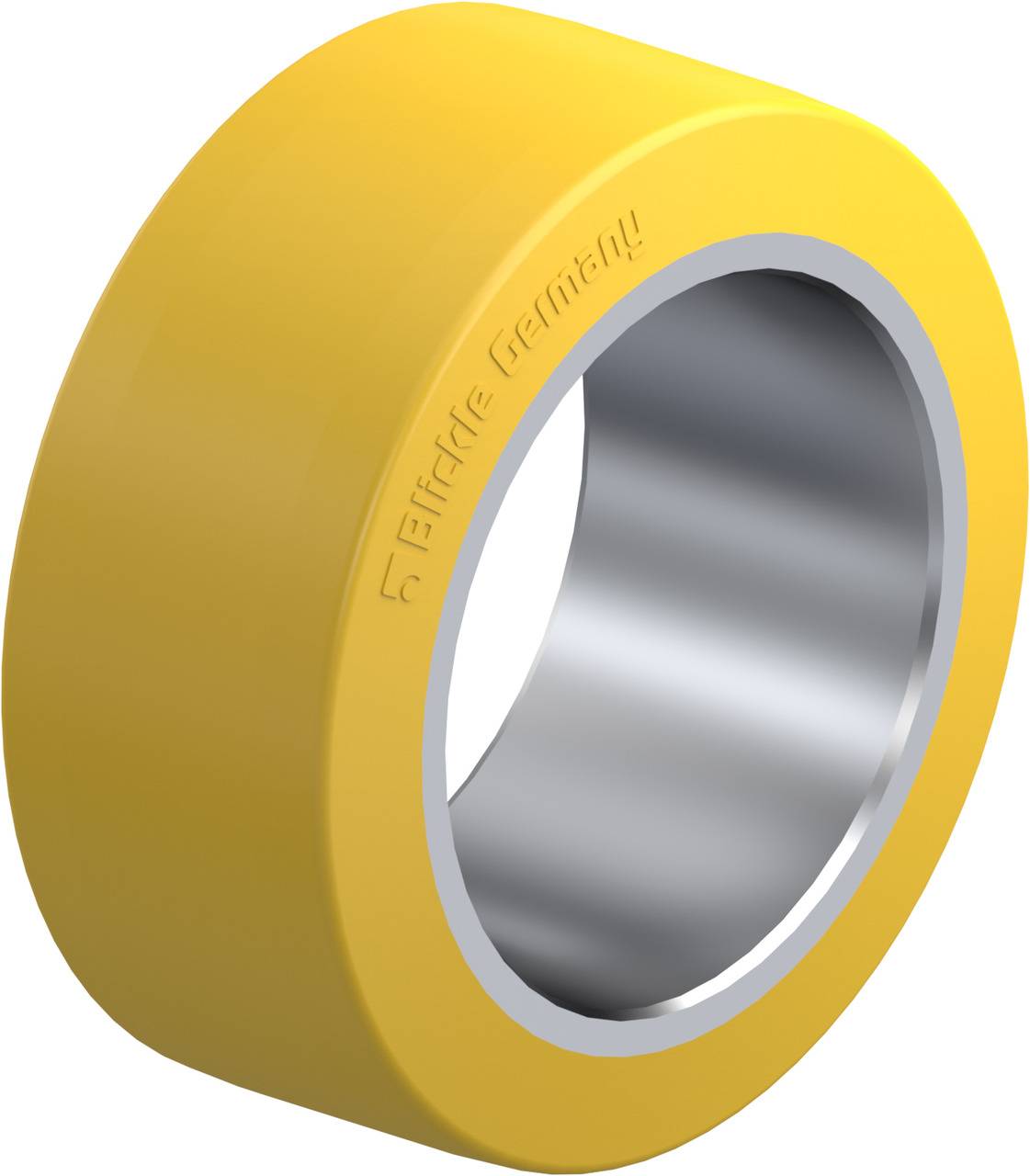 Žuto plastično kolo s metalnom, srebrnom unutarnjom površinom. Gore je ugravirano 'Felder Germany'.
