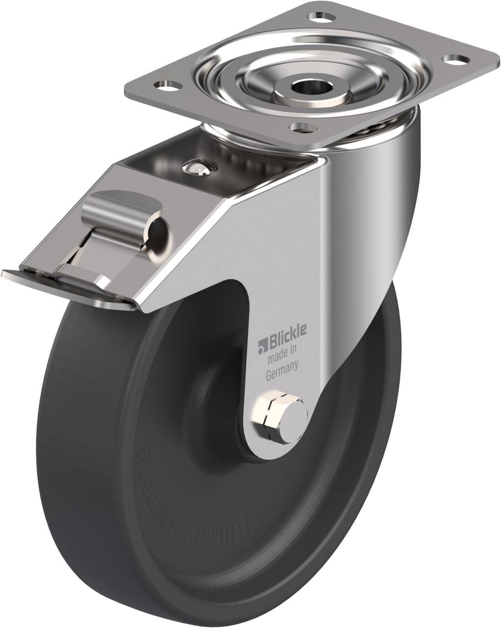 Okretni kotač sa sivim gumenim disk-kotačem i metalnim kućištem. Sadrži natpis 'Blickle made in Germany'. Idealan za transportne uređaje.